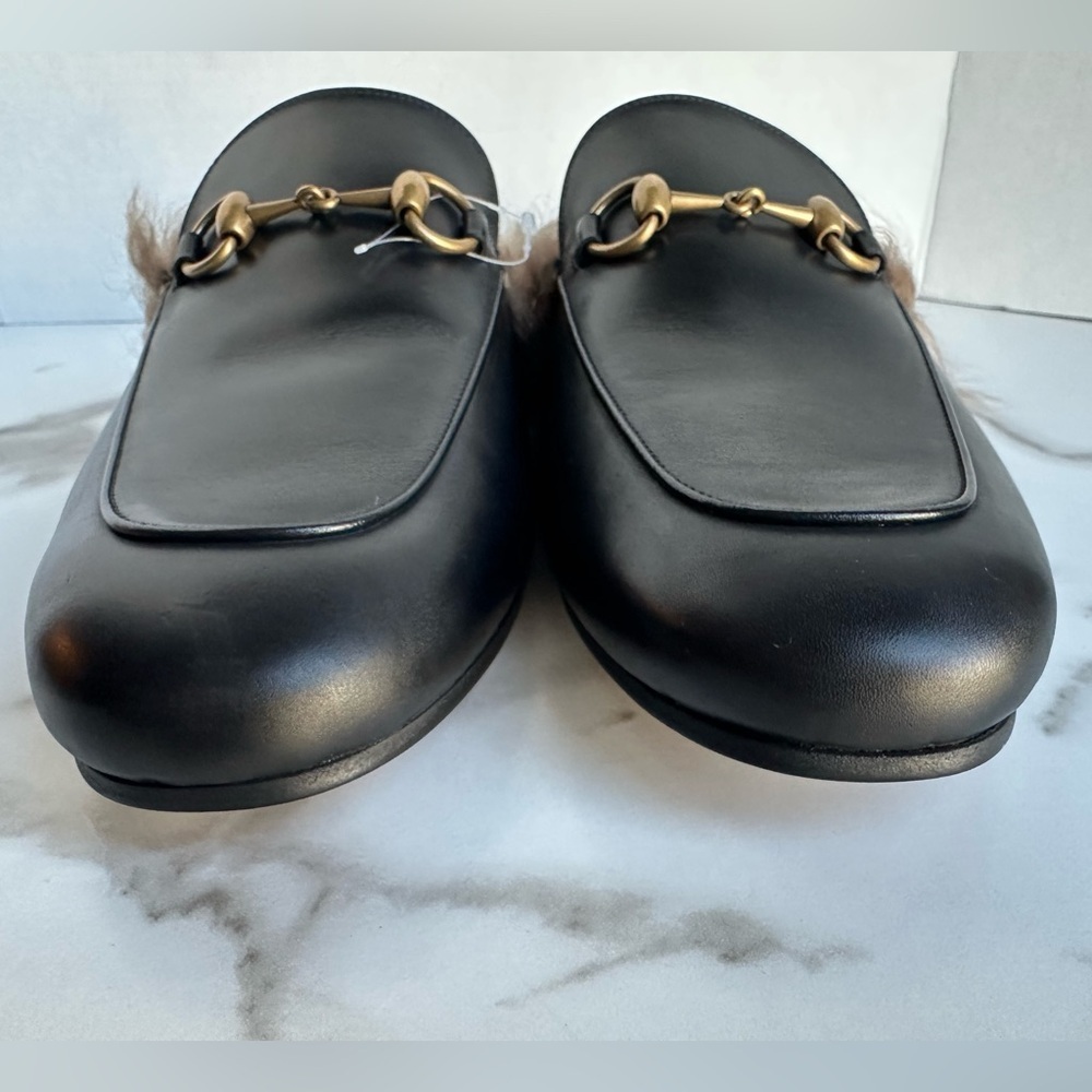Gucci Princetown Black Leather Fur Loafer Slide Slip On Mule Slipper Flat 9 - Picture 4 of 14